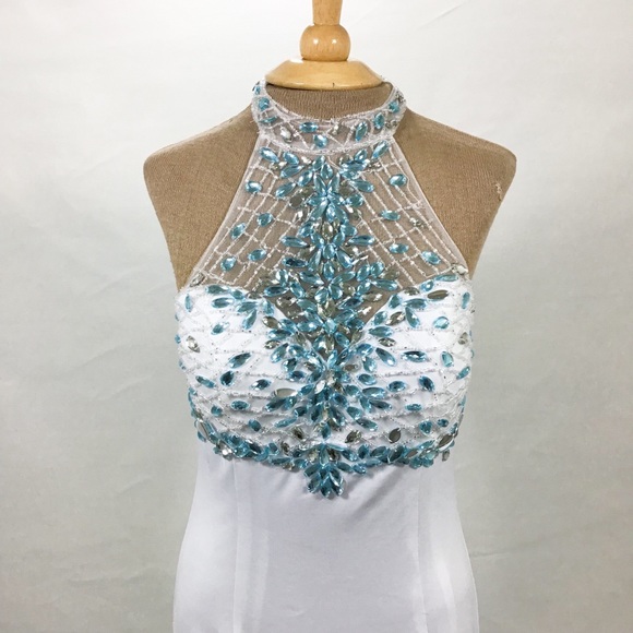 Crowning Touch | White Blue Rhinestone Formal Gown - Picture 3 of 6